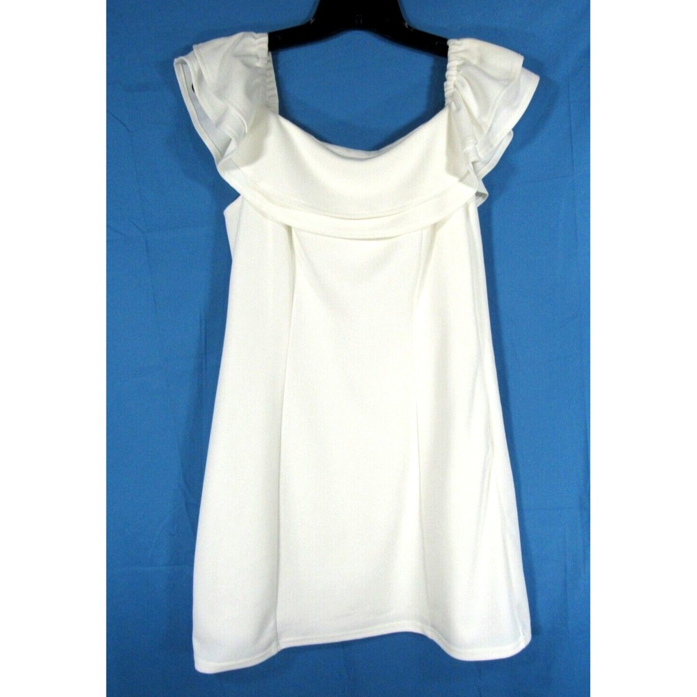 NWT SHE + SKY Lined CREPE White RUFFLE OFF-THE-SHOULDER Zip Side SHEATH DRESS L